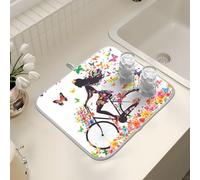 Tappetino scolapiatti per bancone della cucina, grande tappetino in microfibra per scolapiatti ragazza bicicletta fiore farfalla 40 x 45 lavello scolapiatti assorbente tappetino protettivo per