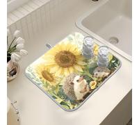 Tappetino scolapiatti per bancone della cucina, grande tappetino in microfibra per scolapiatti riccio famiglia giardinaggio sotto girasoli giganti 40 x 45 cm scolapiatti assorbente protezione per