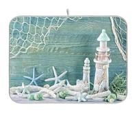 Tappetino scolapiatti per bancone della cucina, grande tappetino scolapiatti in microfibra 40 x 45 cm, motivo vita marina verde shabby in legno, assorbente, protezione per macchina da caffè
