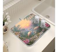 Tappetino scolapiatti per bancone della cucina, grande tappetino scolapiatti in microfibra con fenicottero da parete piante tropicali 40 x 45 cm, scolapiatti assorbente per macchina da caffè