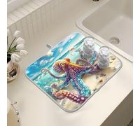 Tappetino scolapiatti per bancone della cucina, grande tappetino scolapiatti in microfibra con polpo spiaggia 40 x 45 cm scolapiatti assorbente protezione per macchina del caffè