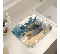 Tappetino scolapiatti per bancone della cucina, grande tappetino scolapiatti in microfibra con tartaruga marina sulla spiaggia 40 x 45 cm scolapiatti assorbente per macchina da caffè tappetino