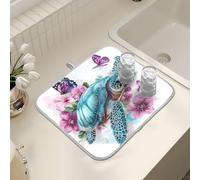 Tappetino scolapiatti per bancone della cucina, grande tappetino scolapiatti in microfibra con tartaruga marina fiori viola 40 x 45 cm scolapiatti assorbente per macchina da caffè tappetino protettivo