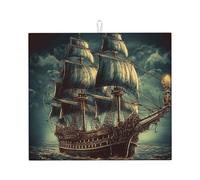 Tappetino scolapiatti per bancone della cucina, in microfibra, super assorbente, antiscivolo, con motivo nautico con nave pirata, 45,7 x 40,6 cm