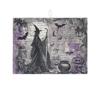 Tappetino scolapiatti per bancone della cucina, motivo strega di Halloween, assorbente nero e viola, tappetino scolapiatti in microfibra gotico per decorazione bancone della cucina, 45,7 x 61 cm