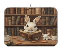 Tappetino scolapiatti per bancone della cucina, piccolo coniglio bianco, libreria, tappetino scolapiatti assorbente in microfibra, riutilizzabile, lavabile, tappetino scolapiatti medio, 45 x 60 cm