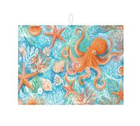 Tappetino scolapiatti per bancone della cucina, tappetino assorbente per scolapiatti blu con polpo e stella marina, tappetino in microfibra costiera estiva 45,7 x 61 cm
