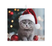 Tappetino scolapiatti per cucina HHGFASD gatto grigio con cappello di Babbo Natale modello ultra assorbente, reversibile ed elegante tappetino da cucina