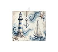 Tappetino scolapiatti per cucina, motivo: faro nautico, tappetino assorbente per scolapiatti con ancora costiere blu, tappetino scolapiatti in microfibra vintage oceanico estivo 40,6 x 45,7 cm