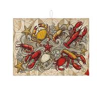 Tappetino scolapiatti per frutti di mare per bancone della cucina, tappetino scolapiatti assorbente con granchio rosso e stella marina, tappetino in microfibra costiera estiva 45,7 x 61 cm