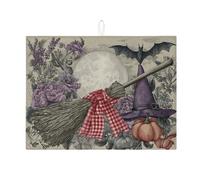 Tappetino scolapiatti per piano di Halloween, per bancone della cucina, in stile vintage, con scopa e pipistrello, assorbente, in microfibra, per cucina, 45,7 x 61 cm