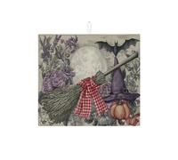 Tappetino scolapiatti per piano di Halloween, per bancone della cucina, stile vintage, con scopa e pipistrello, assorbente, in microfibra, per cucina, 40,6 x 45,7 cm