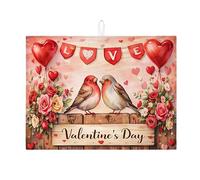 Tappetino scolapiatti per San Valentino, per bancone della cucina, motivo floreale con uccelli rossi, tappetino scolapiatti assorbente in microfibra a forma di cuore, per decorazione della cucina