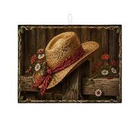 Tappetino scolapiatti rustico con cappello di paglia per bancone della cucina, tappetino assorbente vintage floreale, tappetino scolapiatti in microfibra, tappetino per asciugare il bancone della