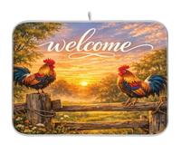 Tappetino scolapiatti rustico con gallo all'alba, tappetino assorbente reversibile da cucina per piano di lavoro, 45,7 x 61 cm