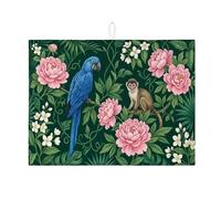Tappetino scolapiatti tropicale per bancone della cucina, tappetino assorbente per scolapiatti con pappagallo blu e scimmia, tappetino protettivo in microfibra esotica per l'estate, 45,7 x 61 cm