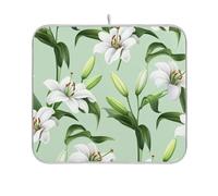 Tappetino scolapiatti ultra assorbente con gigli bianchi dipinti verde salvia tappetino per asciugare i piatti con anello per appendere la decorazione del bancone della cucina, 45,7 x 61 cm