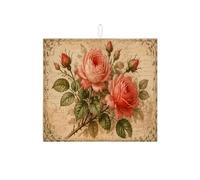 Tappetino scolapiatti vintage con rose per bancone della cucina, tappetino assorbente per scolapiatti con motivo floreale di pesca, romantico tappetino classico in microfibra per la decorazione del