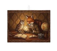 Tappetino scolapiatti vintage con volpe e gufo, per bancone della cucina, tappetino assorbente in microfibra per scolapiatti retrò marrone, accogliente tappetino scolapiatti in microfibra, decorazione