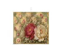 Tappetino scolapiatti vintage floreale per bancone della cucina, tappetino assorbente scolapiatti con peonia rossa, tappetino scolapiatti rustico shabby chic in microfibra, per bancone della cucina