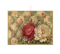 Tappetino scolapiatti vintage floreale per bancone della cucina, tappetino assorbente scolapiatti con peonia rossa, tappetino scolapiatti rustico shabby chic in microfibra, per bancone della cucina
