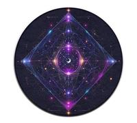 Tappetino yoga rotondo grande, tappeto decorativo per divano, tappeto circolare, tappetino yoga viola psichedelico con simboli di geometria sacra, sole e luna.