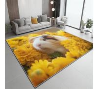 Tappeto 140 X 200 Cm Animali Crisantemo Porcellino D'India, Tappeto In Flanella Pelo Corto Morbido - Lavabile In Lavatrice, Antiscivolo - Per Salotto, Camera Da Letto - Giallo Bianco