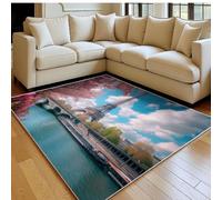 Tappeto 160 x 230 cm Torre Eiffel sul fiume Tappeto Bagno e Camera da Letto in Flanella Morbida Blu Antiscivolo per Tavolino e Decorazione
