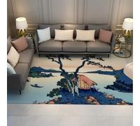 Tappeto 160x230 neutro per la casa colonica Tappetino lavabile tavolo da pranzo ultra sottili e morbidi Decorazione interna Sbiadimento resistenza alle macchie vintage blu Hut Pine Tree