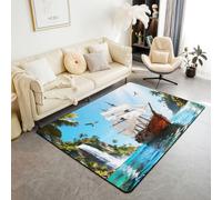 Tappeto 3D a tema barca a vela, 0,9 x 1,5 m, con pesci sottomarini, oceano, tappetino per interni, per bambini, adolescenti, adulti, alberi della giungla, vela, tema nautico, tappeto antiscivolo per