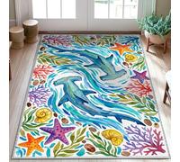 Tappeto a forma di squalo, stella marina costiera corallo estate blu con retro antiscivolo zerbino tappeto bordo bordo bordo bagno lavanderia cucina ingresso decorazione 7,6 x 1,5 m