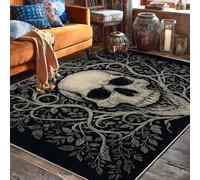 Tappeto a forma di teschio, stile gotico con foglie di viti scure, per Halloween, nero, a pelo basso, rettangolare, per interni, non perde pelo, per soggiorno, camera da letto, sotto il tavolo