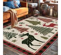 Tappeto a pelo basso con renne, tappeto rustico natalizio con albero di Natale e stelle, colore rosso, resistente allo sbiadimento, per soggiorno, camera da letto, sotto il letto, appartamento