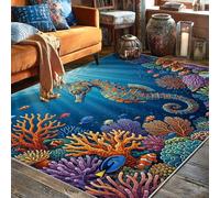 Tappeto a pelo basso, morbido, rettangolare, resistente alle macchie, per soggiorno, camera da letto, corridoio, ufficio, 1,5 x 17,8 cm, motivo cavallucci marini, sottomarino, tropicale, pesce corallo