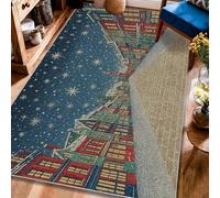 Tappeto a pelo basso, motivo con case natalizie, stelle, strade, Natale, rosso, resistente allo sbiadimento, per soggiorno, camera da letto, decorazione per la casa, 10 x 15 cm