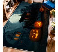 Tappeto a pelo basso, motivo zucca, Halloween, gotico, carrozza, luna, Halloween, arancione, resistente allo sbiadimento, tappeto estetico per la casa, per soggiorno, camera da letto, cucina