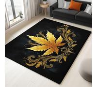 Tappeto a pelo corto, in morbida lana sintetica, antiscivolo, lavabile, per soggiorno, camera da letto, motivo con pianta dorata, foglia di cannabis, per ingresso, studio, colore nero, 180 x 240 cm