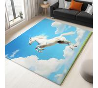 Tappeto a pelo corto, morbido e sintetico, antiscivolo, lavabile, per soggiorno, camera da letto, cielo blu con cavallo bianco, per ingresso e studio, blu, 140 x 200 cm