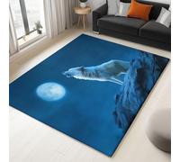 Tappeto a Pelo Corto, Morbido e Soffice - 120 x 170 cm, Tappeti con Motivo Stampato Fantasy Surrealismo Animali Lupo Bianco, Tappetino Blu Decorativo per Soggiorno, Camera