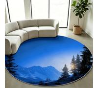 Tappeto a pelo corto, rotondo, 160 cm, blu, con montagne innevate, foresta | Tappeto rotondo lavabile, antiscivolo, per camera da letto e ufficio, facile da pulire