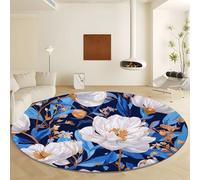 Tappeto a Pelo Corto Rotondo Blu Lavabile e Antiscivolo, Tappeto con Design Delicato Romantico Floreale - Adatto a Soggiorno Ingresso e Camera da Letto 150 cm
