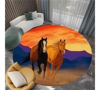 Tappeto a Pelo Corto Rotondo Rosso Arancione Lavabile e Antiscivolo, Tappeto con Design Cartone Animato Deserto Animale Cavallo - Adatto a Soggiorno Ingresso e Camera da Letto 150 cm