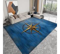 Tappeto a Pelo Corto Super Morbido Retrò Bussola D'Oro Nautico, 180 x 240 cm Blu Scuro Tappeto Antiscivolo e Lavabile Decorativo per Soggiorno e Camera da Letto