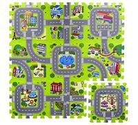 Tappeto a puzzle di gomma EVA per bambini Disegno di strade cittadine. 90 x 90 x 1 cm. 9 pezzi intercambiabili.