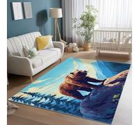 Tappeto Animazione Orso Illustrazione Della Foresta Stampato e Lavabile - Blu Morbido Non Perde Peli Tappeto per Soggiorno Camera Corridoio Bagno e Cameretta Bambini, 90 x 150 cm