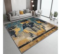 Tappeto Antiscivolo 160x230 cm per Camera da Letto, Stile Retro Dio Dell'Antico Egitto, per Soggiorno Cucina Ingresso o Sala da Pranzo Decorativo, Lavabile in Lavatrice, Blu-Grigio
