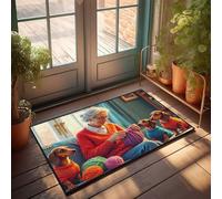 Tappeto autunnale per esterni con la nonna che lavora a maglia con i suoi simpatici cuccioli, tappeto esterno per porta d'ingresso, tappetino invernale per esterni (40 x 60 cm)