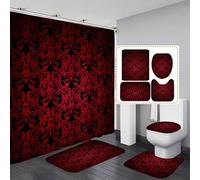 Tappeto Bagno Nero Rosso Tenda Doccia Set da 4 Pezzi Lavabile, Poliestere Tenda Doccia Antimuffa+Tappeti Bagno Tipo U+Tappetino Bagno Antiscivolo(50x80)+Tappetino da Toilette