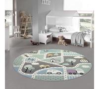 Tappeto bambini tappeto strada tappeto ragazzo strade automobili in verde blu Größe 160 cm Rund