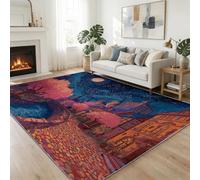 Tappeto Blu notte Antiscivolo Lavabile, Tappeti Decorativi per Soggiorno Camera da Letto e Aree Interne 140 x 200 cm - con Motivo Stampato Fantasia Floreale Città Vecchia Luna